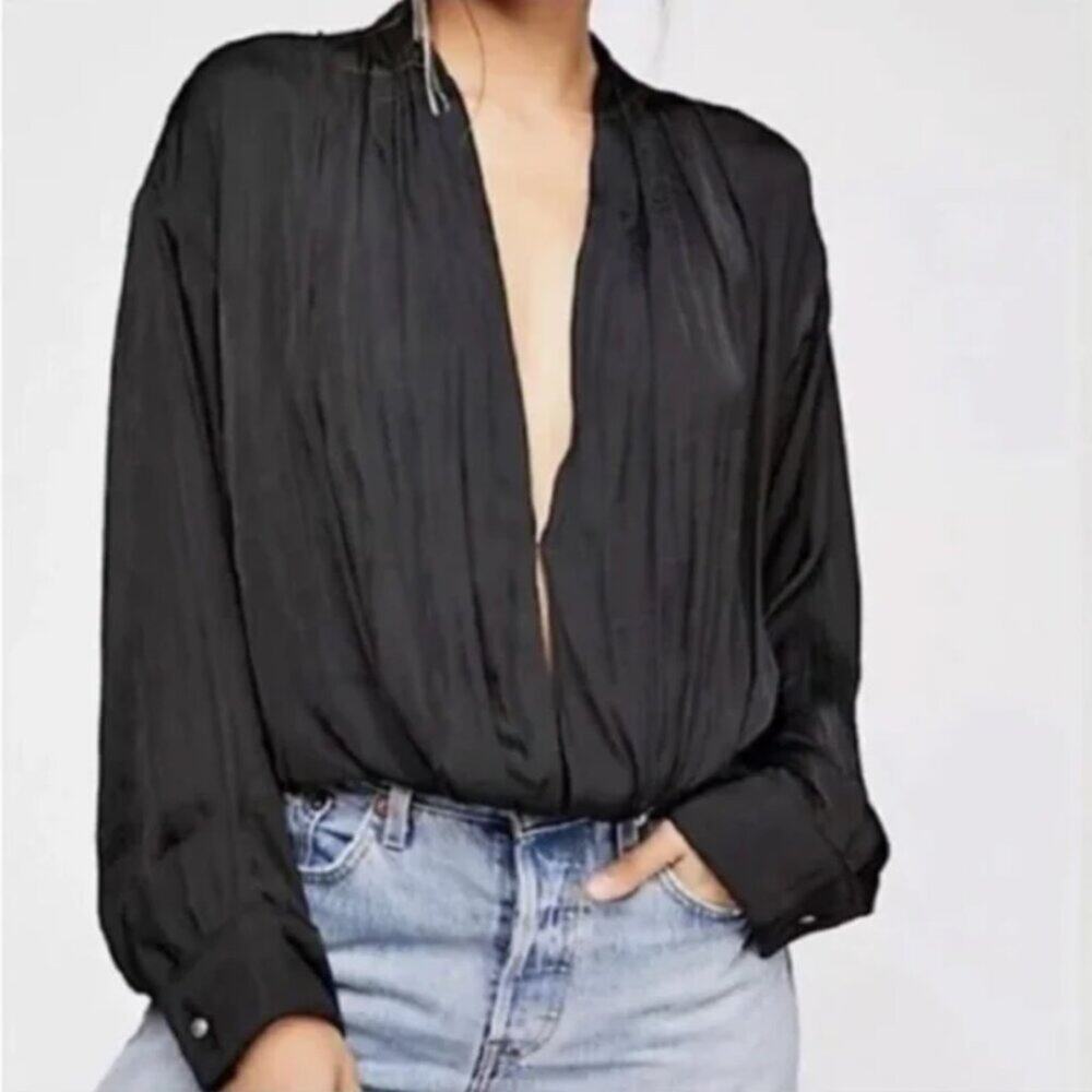 Free People Ladylike Black Satin Draped Bodysuit
